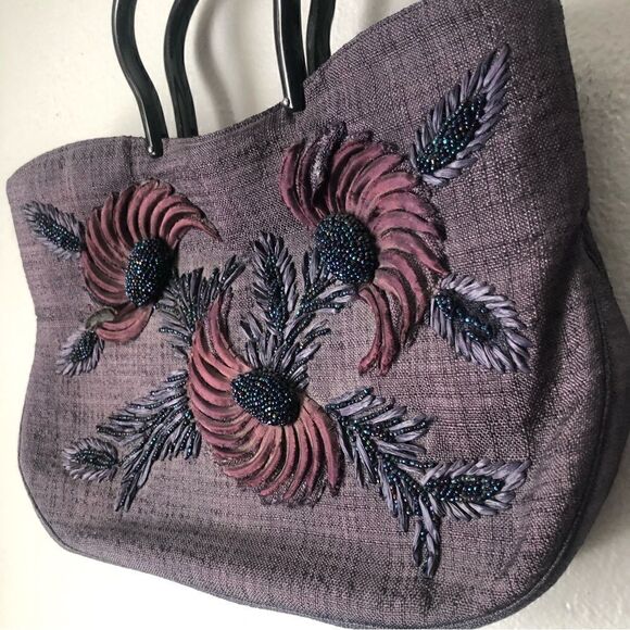 Vintage beaded purple floral feather design vintage handbag - Picture 2 of 11